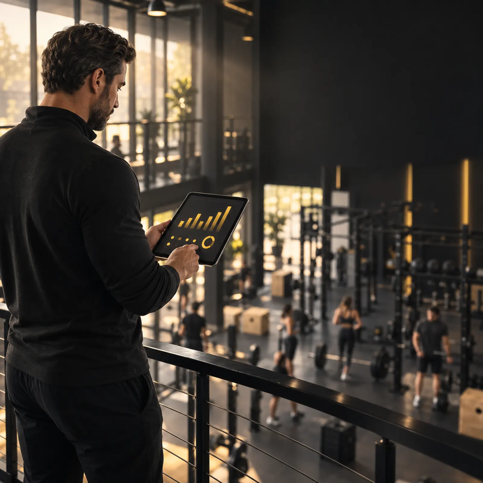 Profesor revisando las métricas de su gimnasio desde una tablet